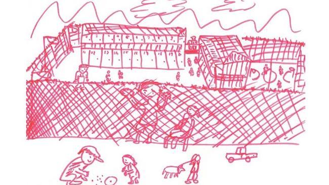 A child draws themselves watching other children play from behind a detention centre fence. Image: Australian Human Rights Commission. 