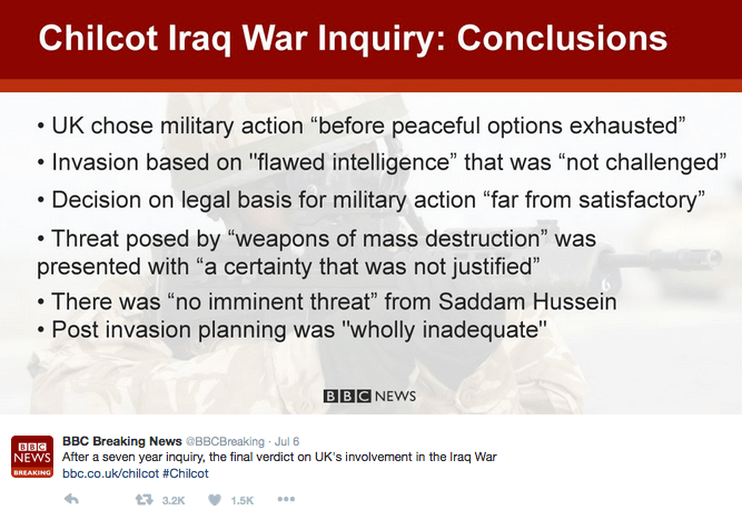 BBC Tweet on Chilcot Conclusions
